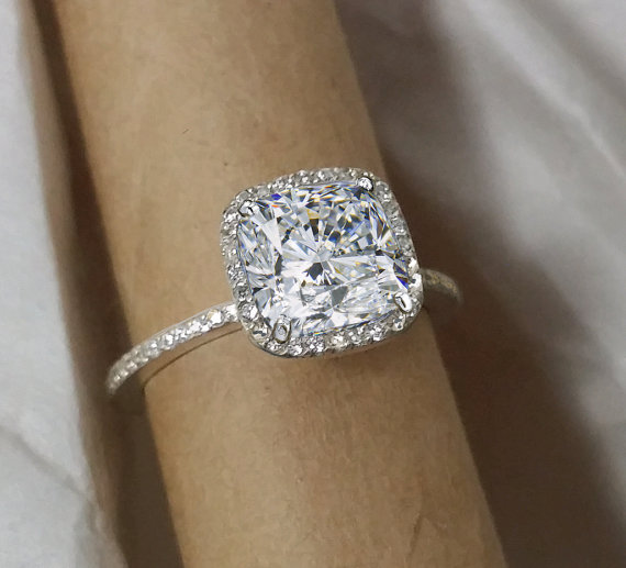 Hochzeit - Cushion cut Diamond halo engagement ring. Charles Colvard Forever Brilliant moissanite.