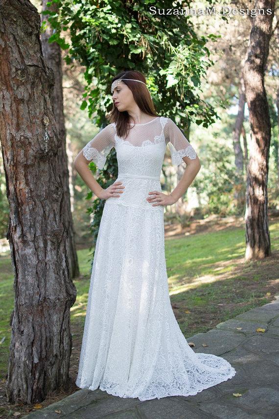 Mariage - Boho Long Wedding Dress Ivory Lace Wedding Gown Long Bridal Gown White Lace Bridal Wedding Dress - Handmade by SuzannaM Designs