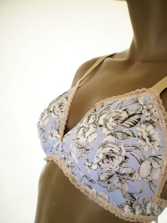 زفاف - Blue Rose Bra Soft Cotton With Ivory Lace Trim Bridal Lingerie Romantic Rose Print Bralette Custom Sizes