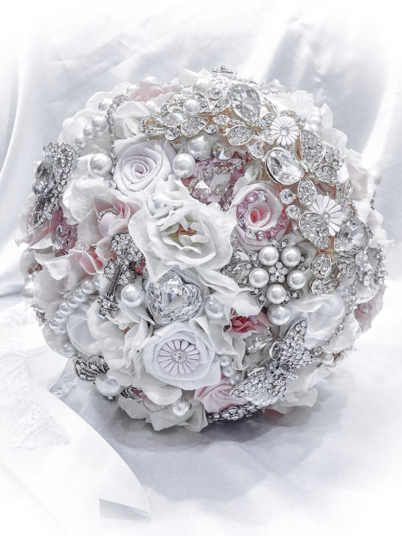 Hochzeit - Elegant Pure White Very Pale Pink Bridal Bouquet. Reserved Deposit Listing!!!