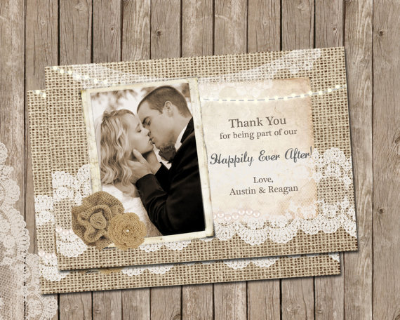 Mariage - Rustic Burlap and Lace Thank You Card,  Personalized, Photo, Printable, Digital 4x6