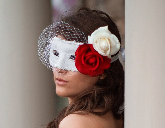 Wedding - Scarlett - Phantom of the Opera style inspired birdcage veil mask with Real Touch Roses