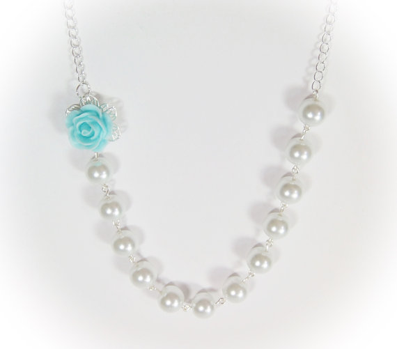 Hochzeit - Aqua Blue Flowergirl Rose Pearl Necklace, Flowergirl Necklace, Flowergirl Gift, Flowergirl Jewelry, Wedding Jewelry, Wedding Gift