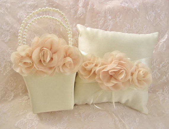 Hochzeit - Blush Roses Flower Girl Basket and Pillow Set  Blossom Ivory Ring Bearer Pillow, Flower Girl Basket Wedding Pillow