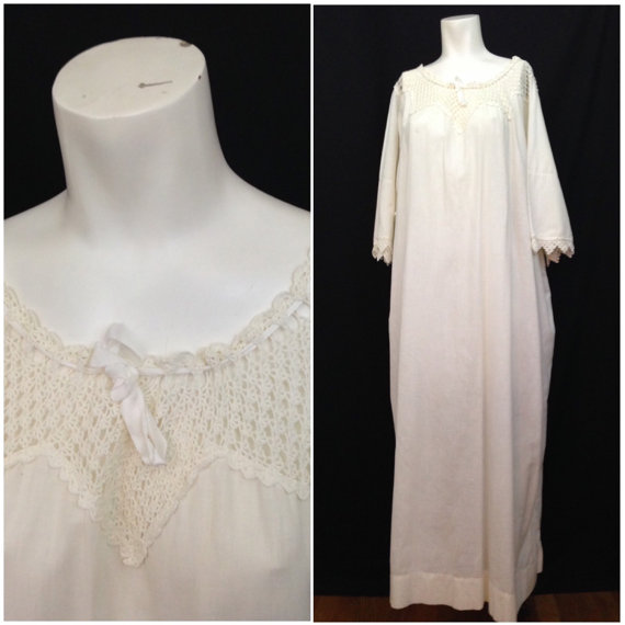 زفاف - Antique 1900s 1910s White Long Cotton Crochet Nightgown / Women's XXL / Edwardian Full Length Plus Size Lingerie Sleepwear