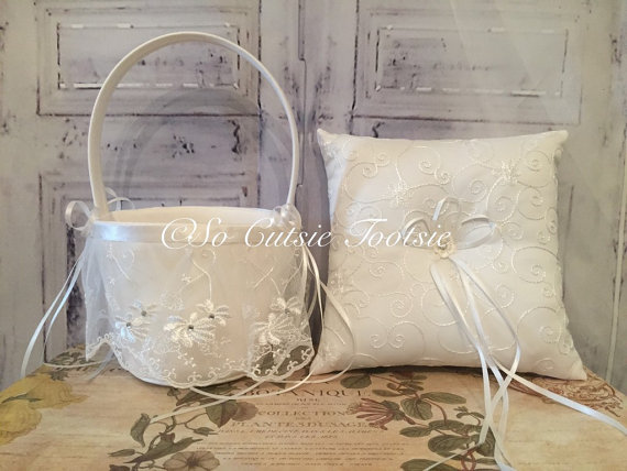 Wedding - Flower girl basket & ring bearer pillow set - ivory wedding, ivory flower girl basket, white flower girl basket