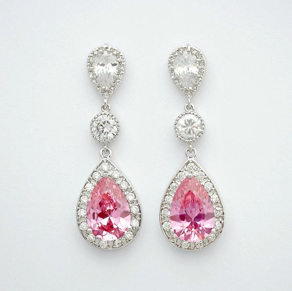 زفاف - Pink Wedding Earrings Rose Bridal Pink Earrings Pink Cubic Zirconia Bridesmaid Gift Pink Wedding Jewelry