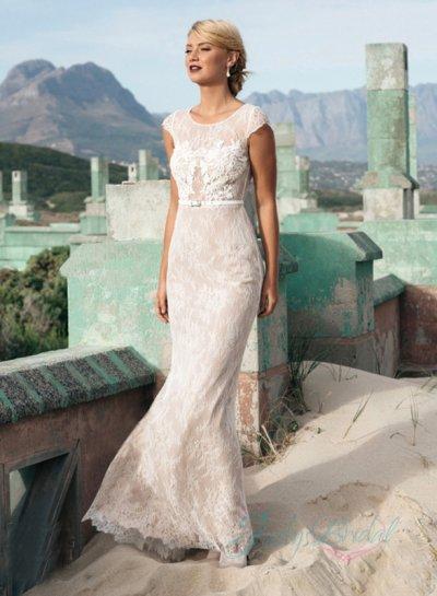 Hochzeit - JW16059 Illusion lace back ivory over nude sheath bridal gown