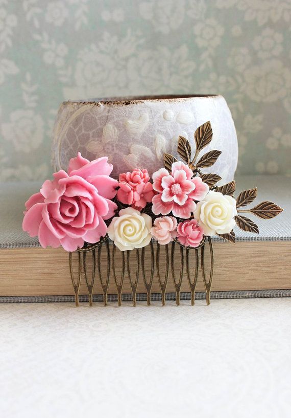 Hochzeit - Big Pink Rose Hair Comb Flower Comb Honeysuckle Hot Pink Wedding Bridal Hair Piece Shabby Floral Collage Comb Country Chic Bridesmaids Gift