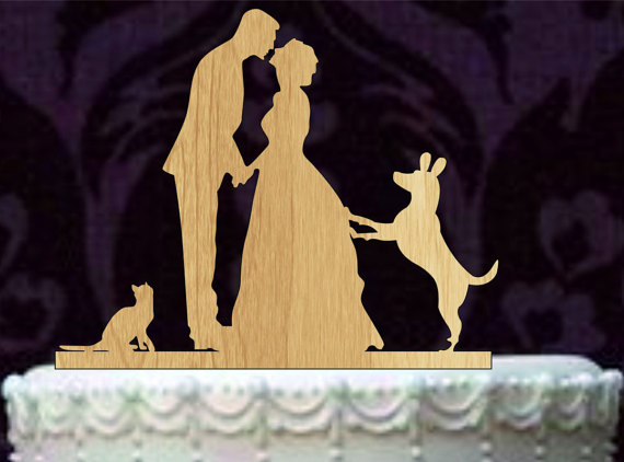 Hochzeit - Bride and Groom silhouette wedding Cake Topper with Cat and Dog, Rustic Wedding Cake Topper, unique wedding cake topper, funny cake topper