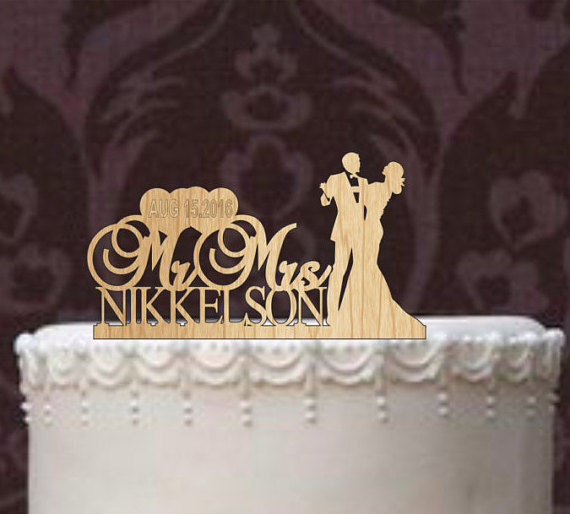 Wedding - Custom Wedding Cake Topper Monogram Personsalized Silhouette With Your Last Name, wedding date,