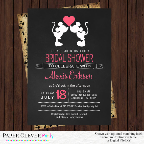 Hochzeit - Retro Bridal Shower Invitations Minnie and Mickey - Black and Pink Magical Wedding Party Theme - Personalized Printable File