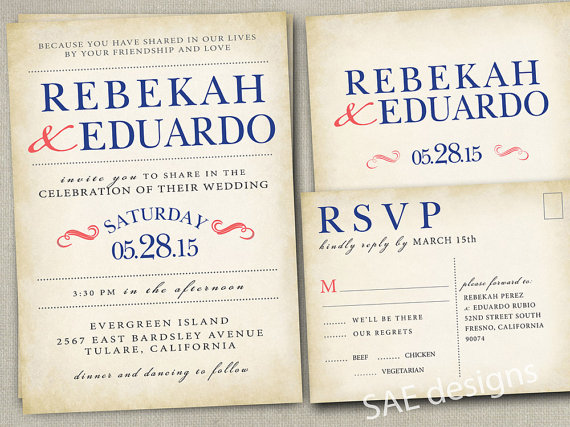 زفاف - Wedding Invitation Invitations Invite Invites Announcement Announcements RSVP Cards Postcards rustic country barn Grey Coral and Navy