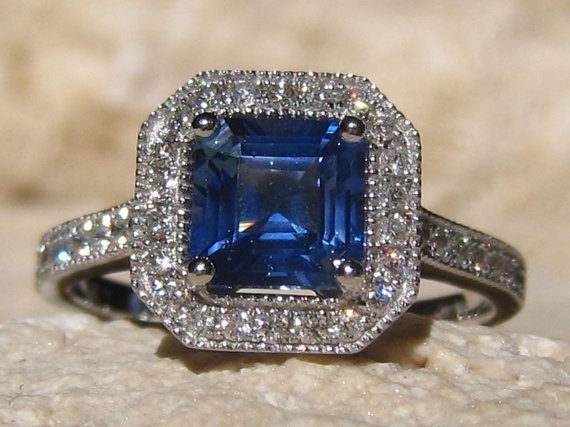 زفاف - Blue Sapphire Engagement Ring, Certified Untreated Ceylon Asscher Cornflower Blue Sapphire in White Gold Diamond Halo Engagement Ring
