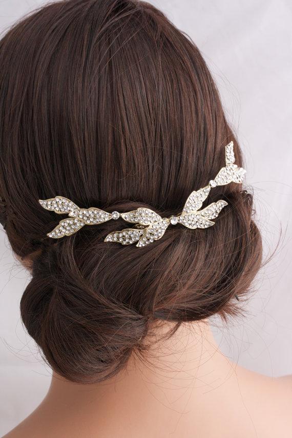 زفاف - Crystal Leaf Wedding Comb Gold Bridal Hair Accessory Leaves Back Comb Rhinestone Leaves Veil Slide Back Hair Clip ELOISE
