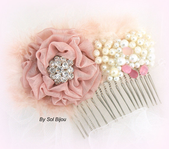 Wedding - Hair Comb, Bridal, Wedding, Fascinator, Maid of Honor, Dusty Rose, Blush, Pink, Ivory, Feathers, Crystals, Pearls, Vintage Style
