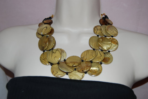 زفاف - Statement  Necklace Multi Strand Gold Tiger Pattern Mother of Pearl Beaded Necklace Chunky Bold