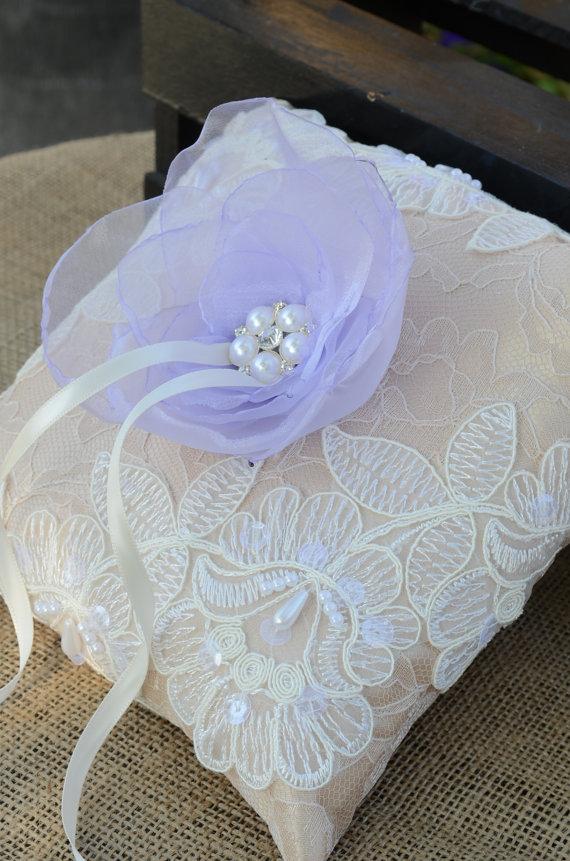 Mariage - Lavender and lace Ring Pillow-Alencon Lace-Cream, vintage style, ring holder, ring bearer, custom ring cushion, pearl brooch