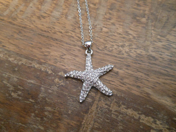 Hochzeit - Rhinestone Starfish Necklace - Silver Starfish Necklace - Beach Wedding Necklace - Beach Wedding - Wedding Jewelry