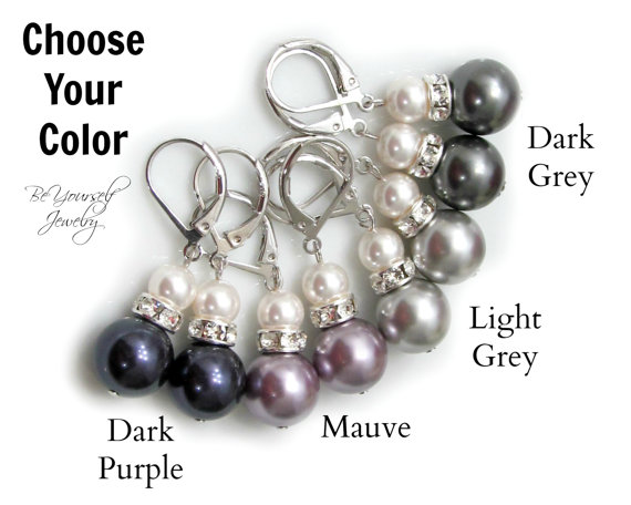 Hochzeit - Pearl Bridal Earrings Swarovski Pearl Earrings Choose Your Pearl Color Bridesmaid Gift Hypoallergenic Wedding Jewelry Purple Grey Earrings