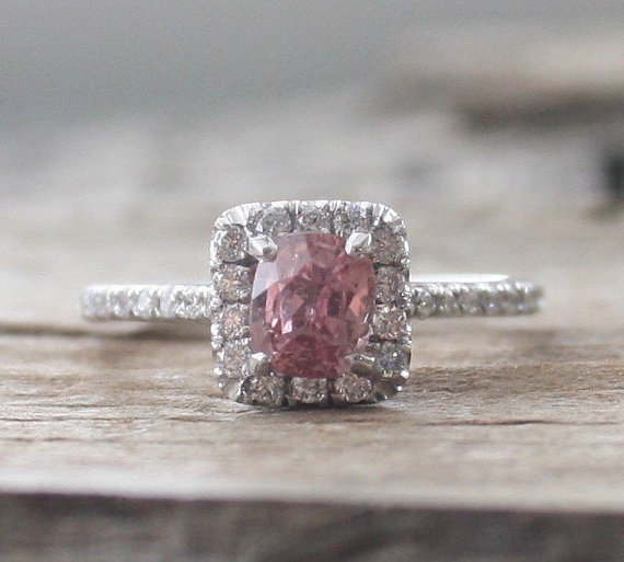 Hochzeit - Padparadscha Cushion Sapphire Diamond Halo Engagement Ring in 14K White Gold