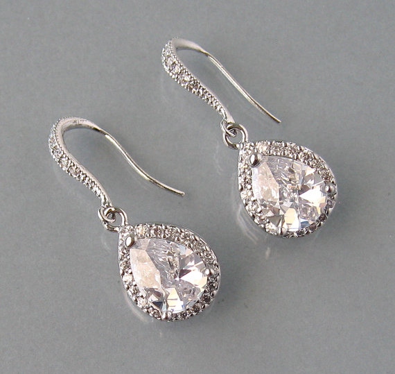 Свадьба - Cubic Zirconia in Rhodium Plated, Bridal Earrings, Drop Zirconia Earrings, Clear Earrings, Wedding Jewelry, Bridesmaids Gift - DK386