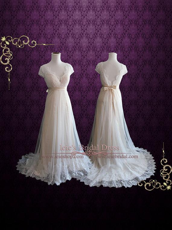 زفاف - Champagne Whimsical Empire Lace Wedding Dress with Cap Sleeves and Open Back 