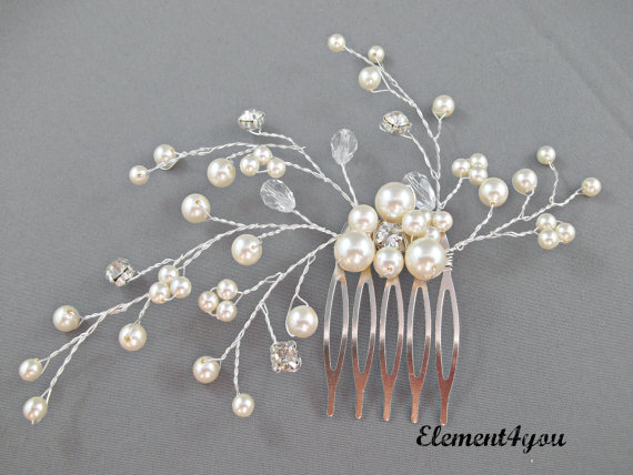 Hochzeit - Bridal comb, Ivory pearls hair piece, Wedding hair accessories, White pearls hair comb, Flower hair vines, Rhinestone Crystal comb, Formal