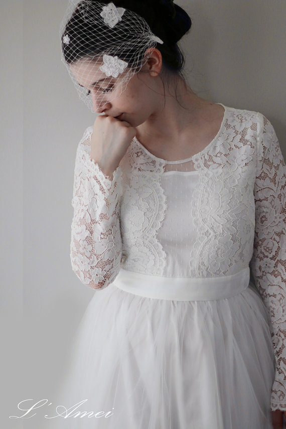 Hochzeit - Affordable and Elegant Lace Boho Vintage  Long Sleeve Wedding Bridal Dress with Chiffon and tulle Skirt -Elizabeth 2016-AM19836868