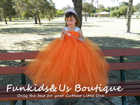 زفاف - Orange  Flower Girl Dress Shabby Flowers Dress - Full length Tutu  Dress Wedding Dress Birthday