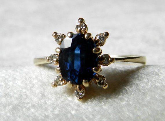 Hochzeit - Antique Sapphire Engagement Ring One Carat Blue Sapphire Genuine Diamond Halo Engagement Ring Genuine Sapphire 14K Gold September Birthday