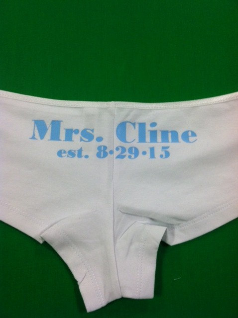 Wedding - Mrs. with name and wedding date custom panties something blue size choice great shower or bridal gift bride wedding