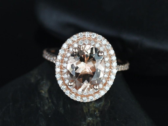 Hochzeit - Cara 10x8mm 14kt Rose Gold Oval Morganite and Diamonds Double Halo Engagement Ring (Other metals and stone options available)