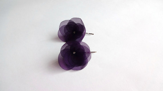 Hochzeit - Dark  Purple Organza Hair Pins  or Shoe Clips