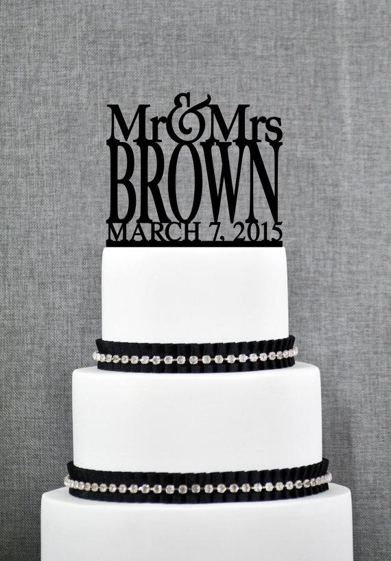 زفاف - Modern Last Name Wedding Cake Topper with Date, Unique Personalized Wedding Cake Topper, Elegant Custom Mr and Mrs Cake Topper - (S015)