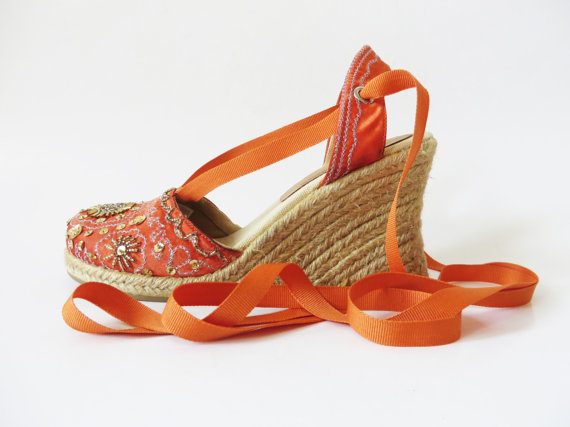 Wedding - Orange Embroidered Espadrilles Jute Platforms Boho Style Tangerine Wedding Wedges Ladies Summer Shoes Gypsy Queen Sandals UK 4 US 6.5 EUR 37