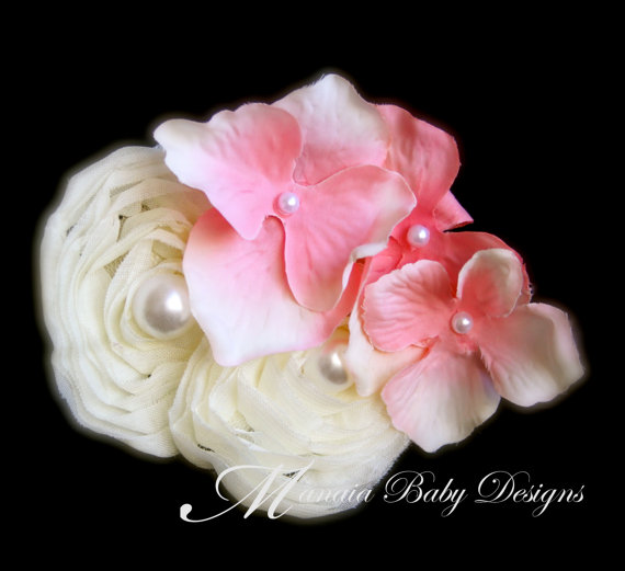 Wedding - Ivory and Pink Headband / Ivory and Pink Flower Headband / Flower Girl Hair clip / Flower girl headband
