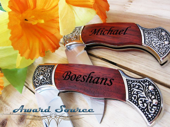 Hochzeit - 16 Groomsmen Gifts - Custom Engraved Rosewood Wood Handle Pocket Knife  - Groomsman Best Man Ring Bearer Gift