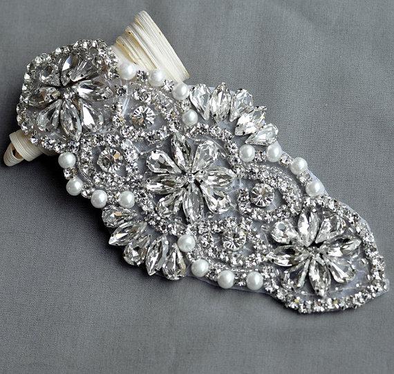 Hochzeit - Rhinestone Applique Bridal Accessories Crystal Trim Rhinestone Beaded Applique Wedding Dress Sash Belt Headband Jewelry RA027