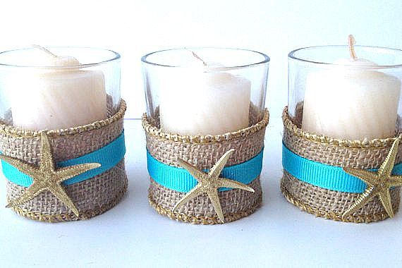 Свадьба - Set Of 6 Beach Wedding Votive- With Gold Trim Burlap And Ribbon Of Your Choice With Real Starfish Painted Gold