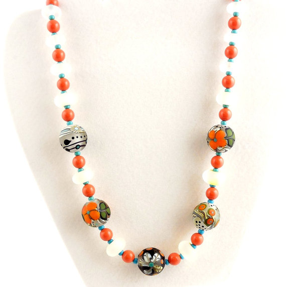 زفاف - Orange Blossom Beaded Necklace, Lampwork Necklace, Beadwork Necklace, Women's Jewelry, Weddings, Gifts for Her, Mother's Day