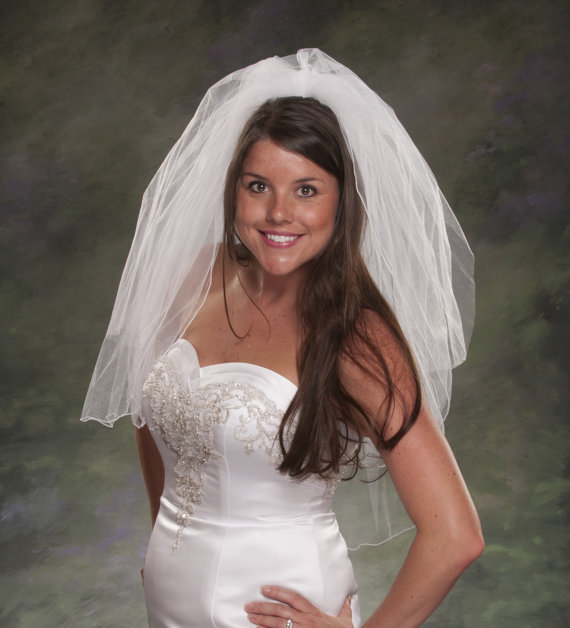 Wedding - Waist Length Wedding Veils Pencil Edge 2 Layer White Bridal Veils with Blusher Veil Ivory Elbow Length 28