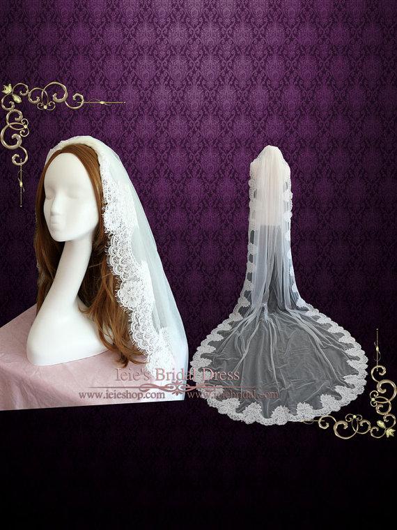 زفاف - Ivory Cathedral Length French Alencon Lace Wedding Veil with Eyelash edge 