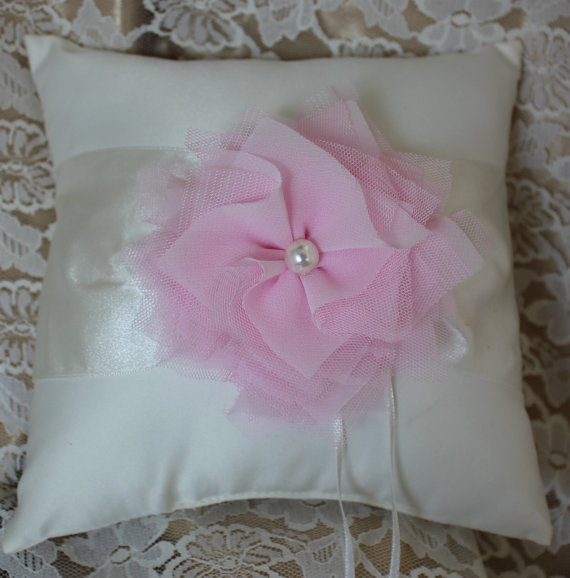 Hochzeit - Ivory or White Ring Bearer Pillow Chiffon Flower -Light Pink