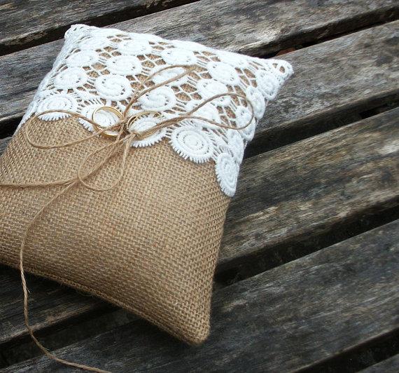 Hochzeit - Rustic Burlap/Hessian Ring Bearer Pillow in Natural with Off  White Guipure Cotton Lace