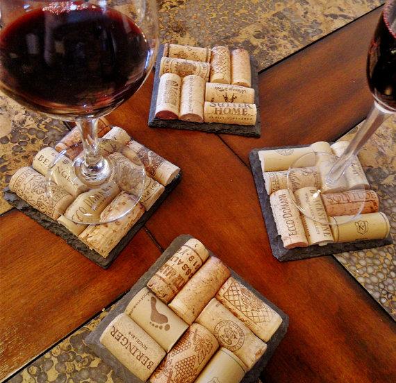 Hochzeit - 4 Slate Wine Cork Coasters - Perfect for Bridesmaid & Wedding Gifts