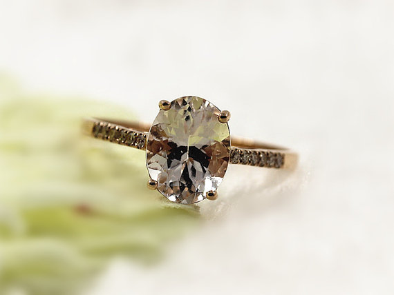 زفاف - 14k Solid Gold Morganite Oval 7x9mm Lonely Solitaire and Diamonds Ring Bridal Ring Morganite Rings Engagement Ring Diamond Ring