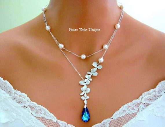 Mariage - Blue Wedding Necklace Bridal Pearl Jewelry Bermuda Blue Peacock Orchid Necklace Double Strands