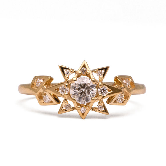 Wedding - Diamond Art Deco Star Engagement Ring - Unique engagement ring, 18 Gold Star ring, unique engagement ring, antique, vintage, halo ring