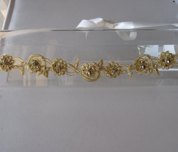 زفاف - Gold Beaded Crystal Flower Halo Headband with Ivory Satin Ribbon Ties, for weddings, bridesmaid, parties, special occasions